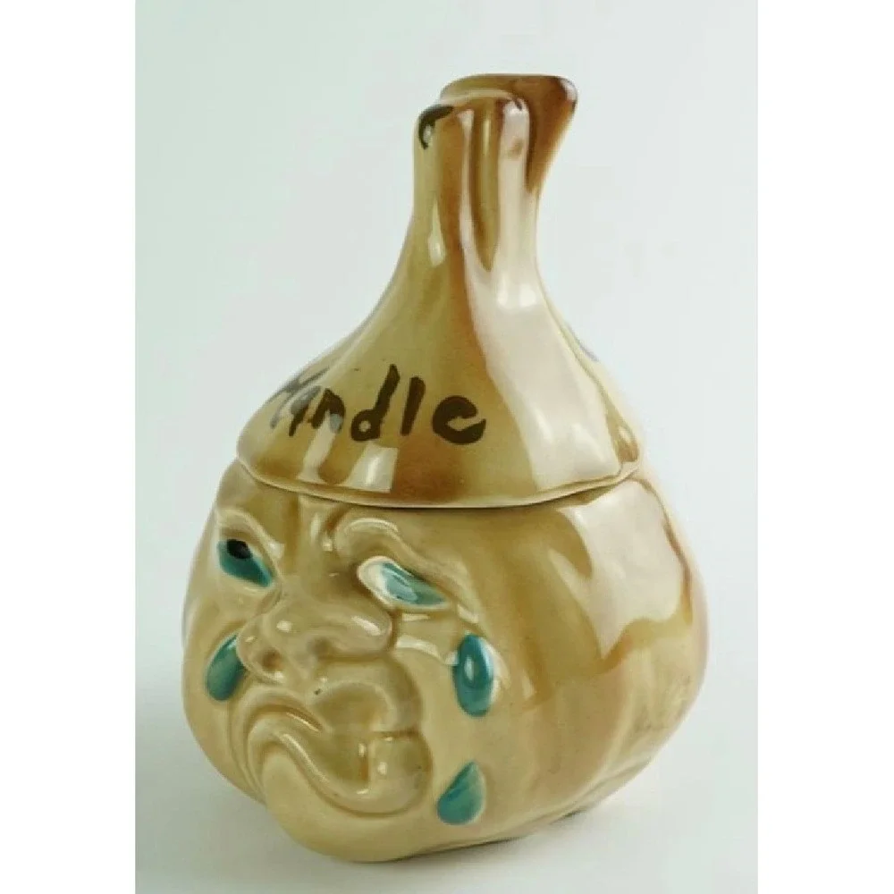 Vintage Crying Garlic Keeper Ceramic Jar Hand Painted Japan Novelty Kitsch 5in